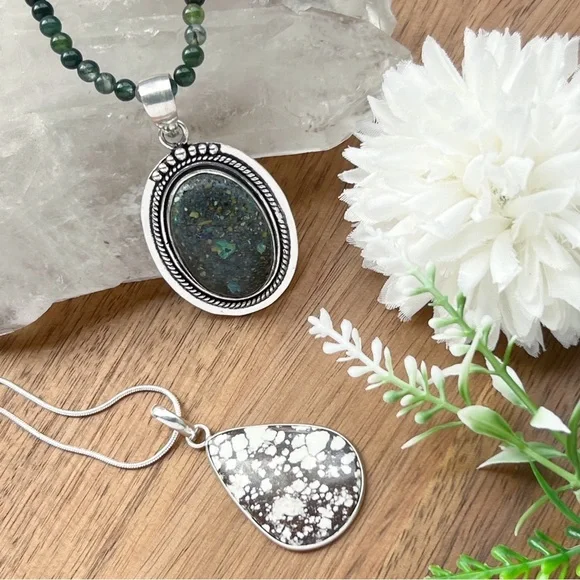 ⚡️LOT⚡️ Solid 925 Pendants Chrysocolla Wild Horse Agate Gemstone Necklace Chain - Picture 5 of 11